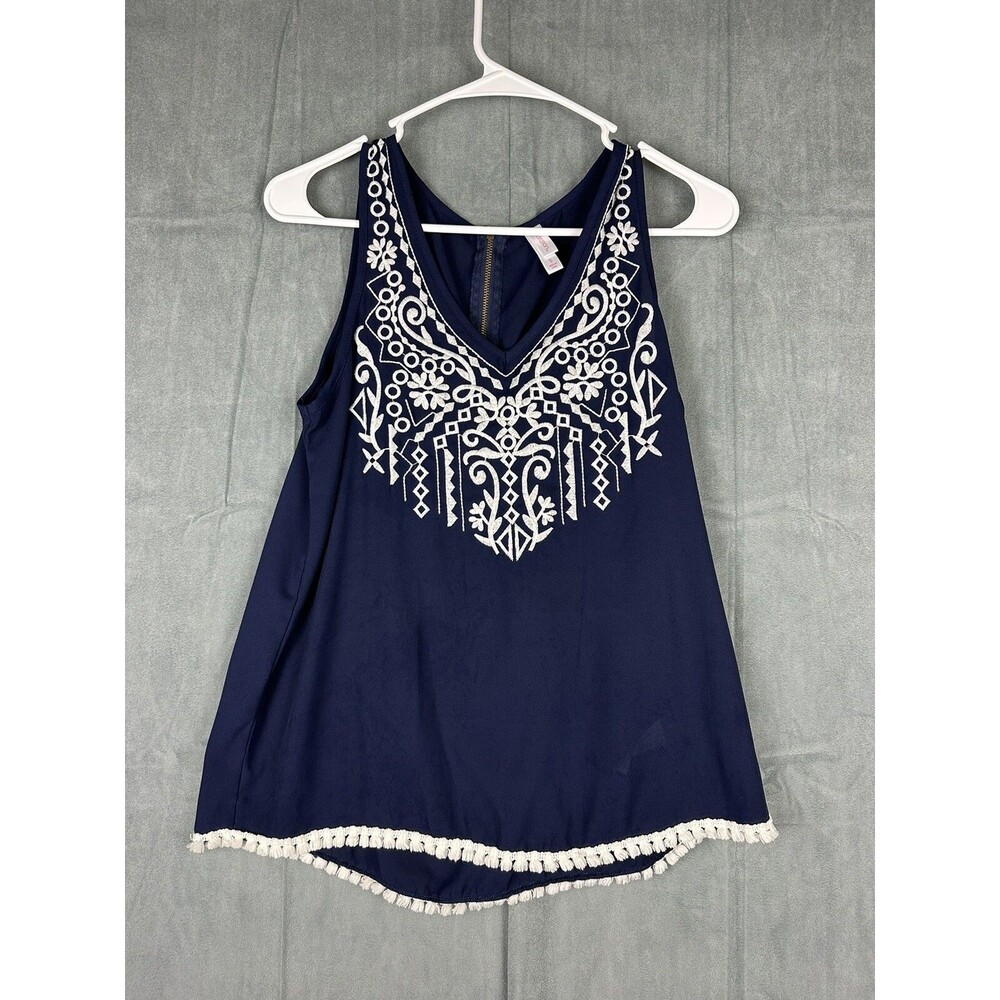 Womens Embroidered Exhilaration Blue White Tank Top Size Small S Zip Back